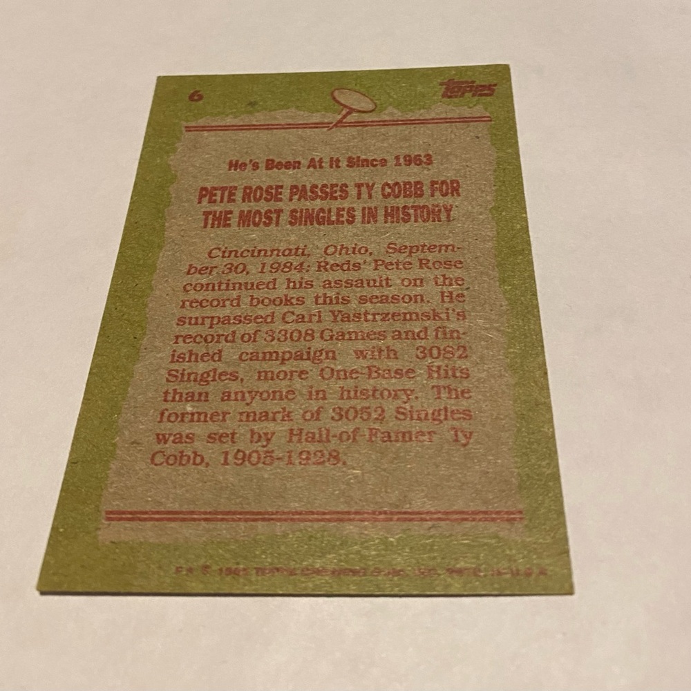 Pete Rose 1985 Topps Baseball Card Record Breaker #6 Cincinnati Reds Vintage - Picture 2 of 3